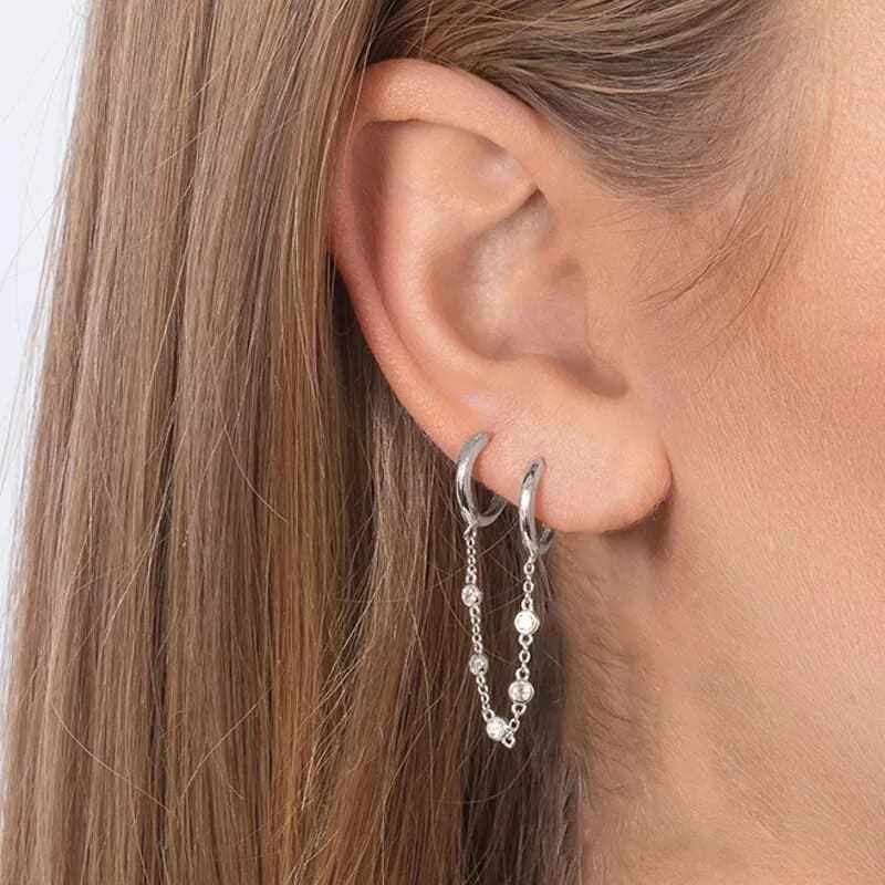 Double boucle d'oreille chaine - argent