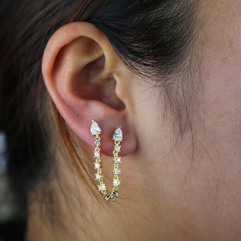 Boucle d’oreille chaine 2 trous avec cristal - Or