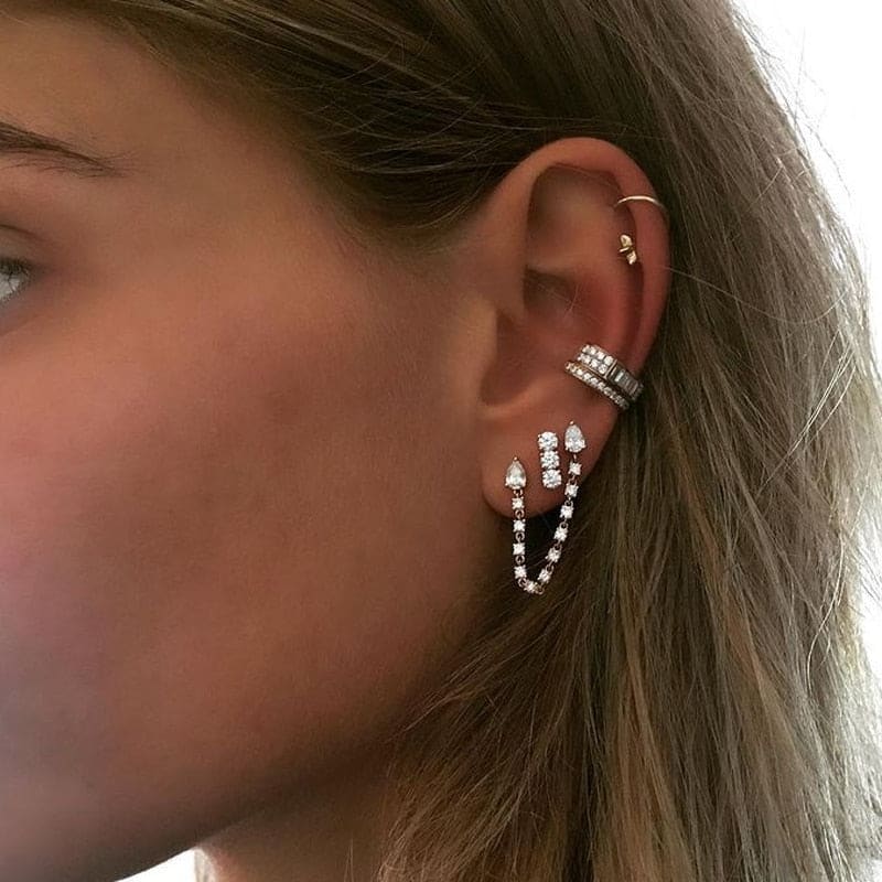 Boucle d’oreille chaine 2 trous avec cristal