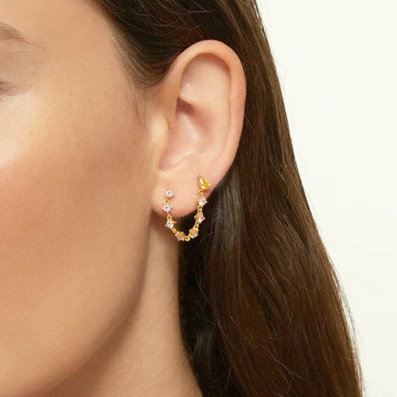 Boucle d’oreille chaine 2 trous avec gemme violette - Or