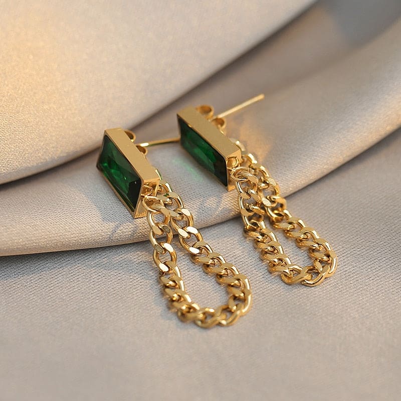 Boucle d’oreille chaine avec cristal vert