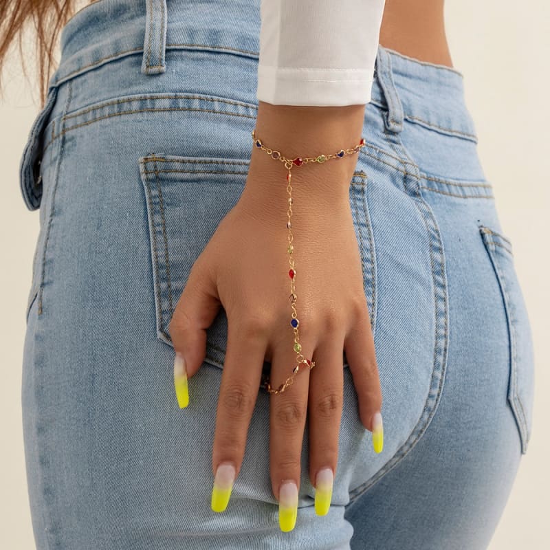 Bracelet bague chaine de main couleur or