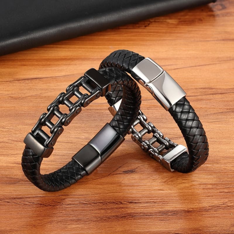 Bracelet chaine moto cuir