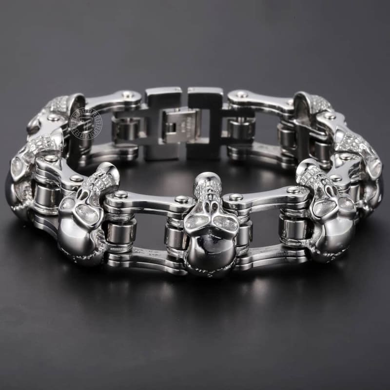 Bracelet chaine moto tete de mort argent