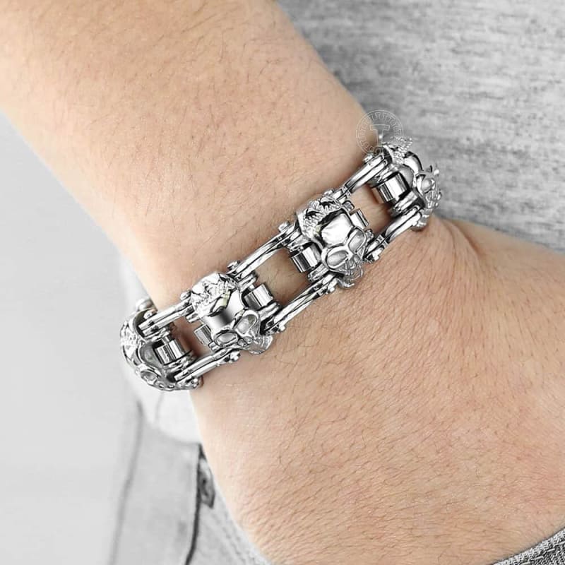 Bracelet chaine moto tete de mort argent