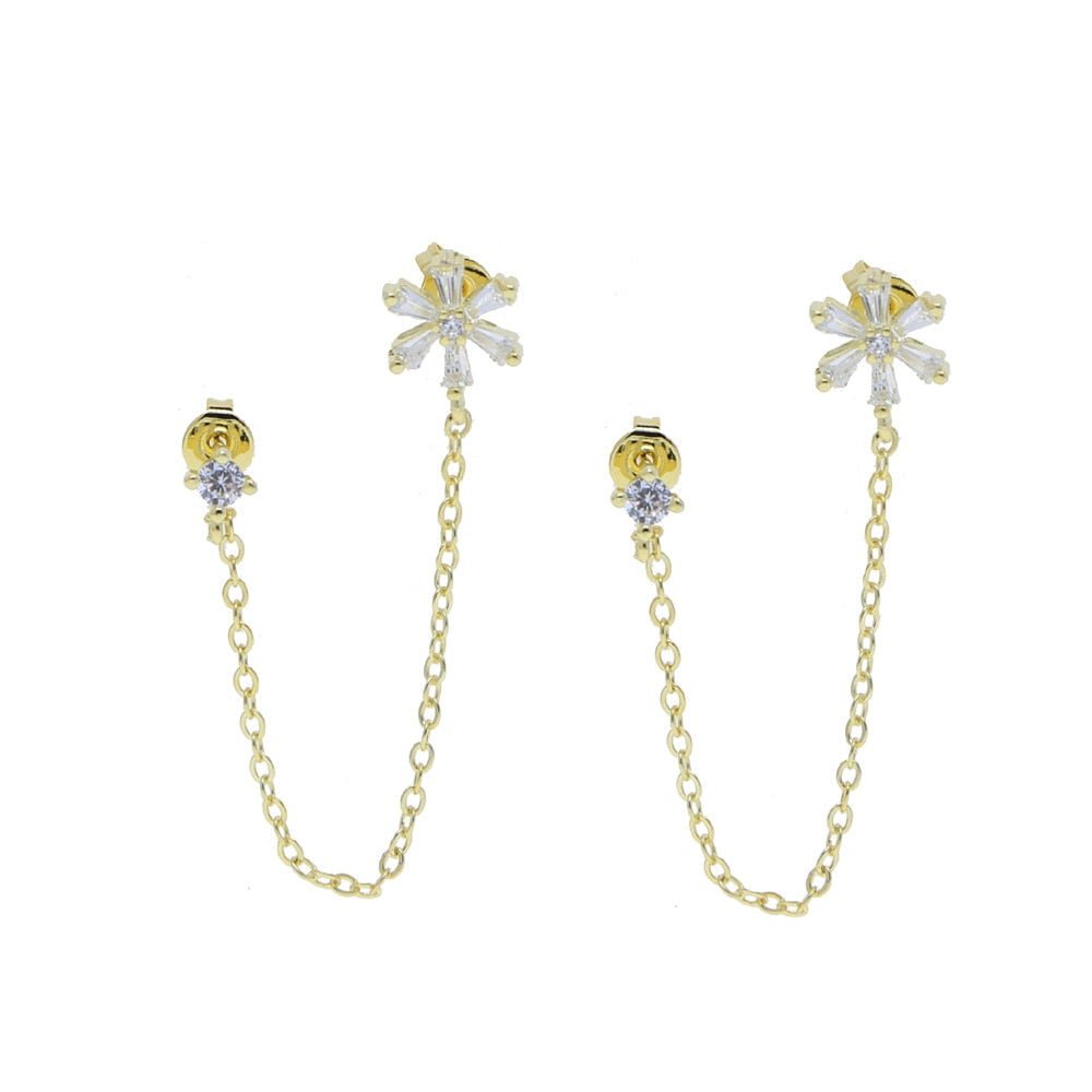 Boucle d'oreille Double Perçage avec Fleur en Zircone Cubique