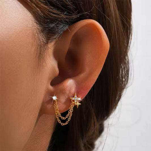 Boucle d'oreille chaine 2 trous étoiles