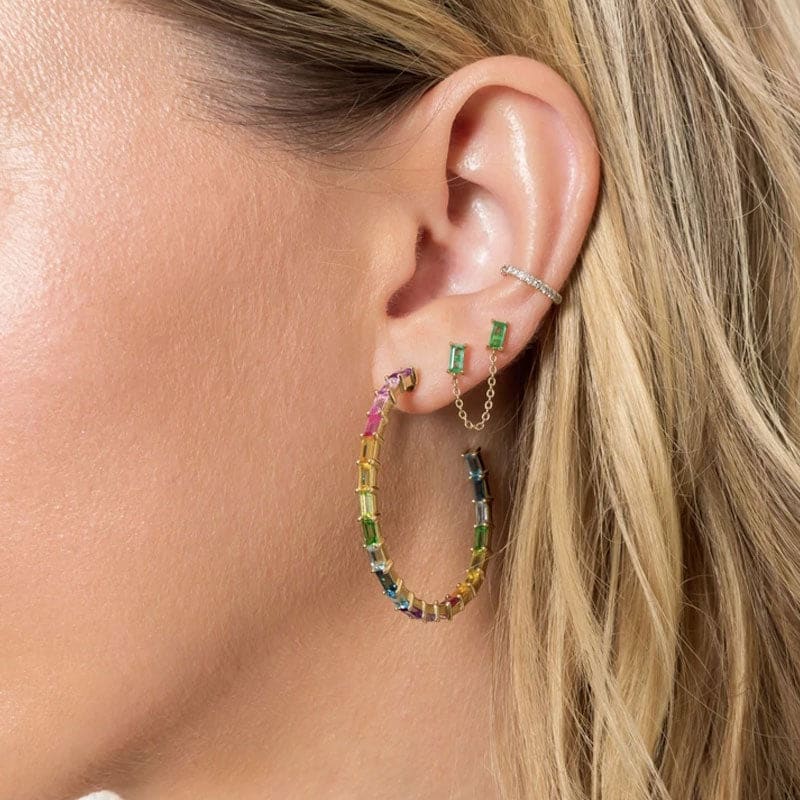 Boucle d’oreille chaine 2 trous dorée - Vert