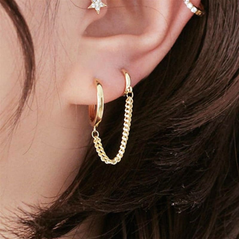 Boucle d’oreille chaine 2 trous minimaliste - Or