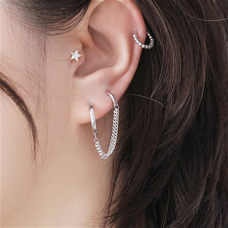 Boucle d’oreille chaine 2 trous minimaliste - Argent