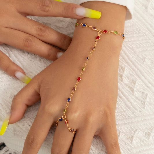 Bracelet bague chaine de main couleur or