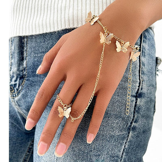 Bracelet bague chaine main or
