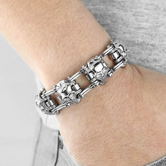 Bracelet chaine moto tete de mort argent
