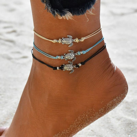 Chaine de cheville avec tortue de mer - Pack de 3 couleurs