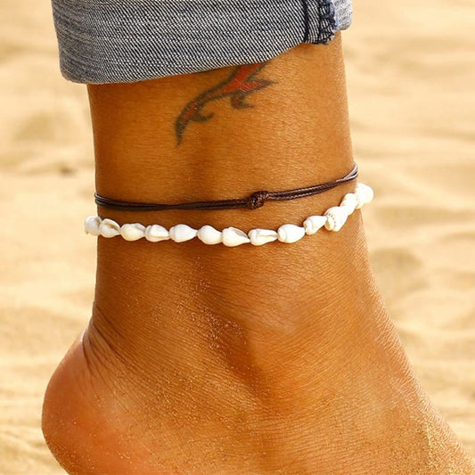 Chaine de cheville cuir et coquillage