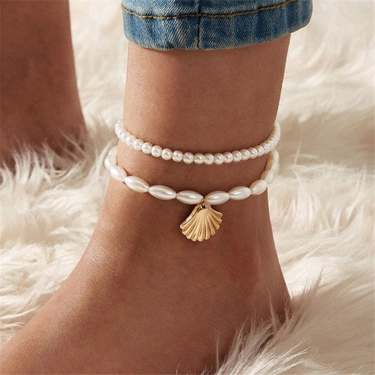 Chaine de cheville perle et coquillage