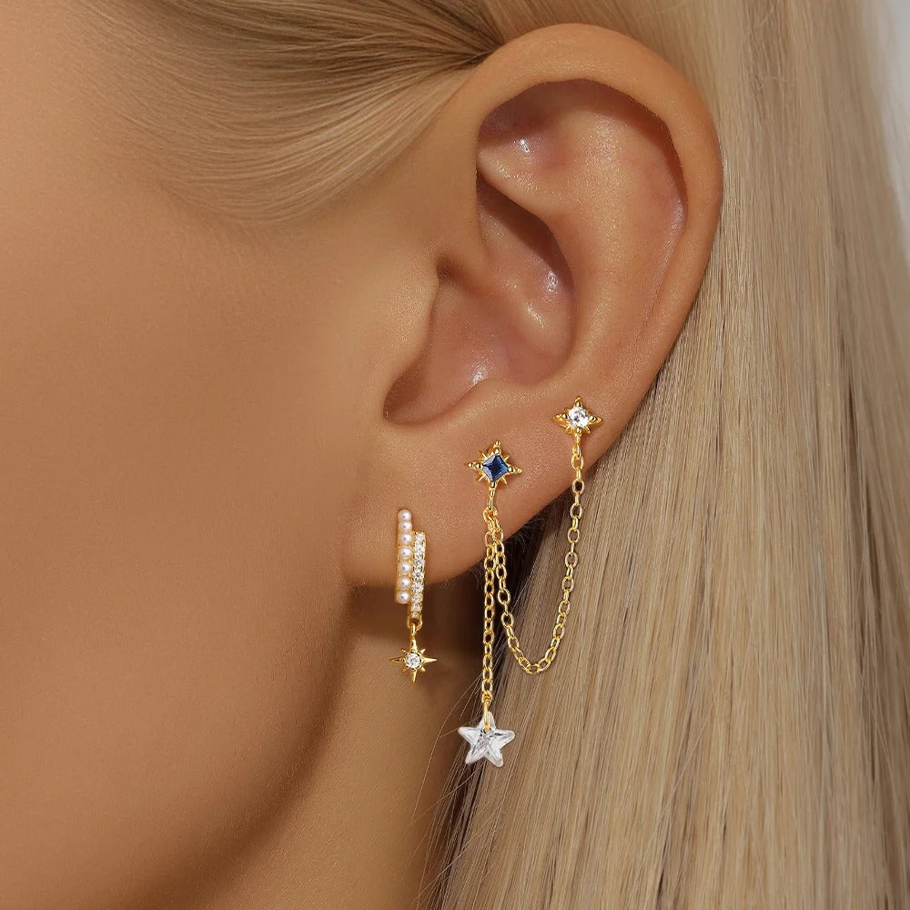 Two-hole dangling chain earring with stars