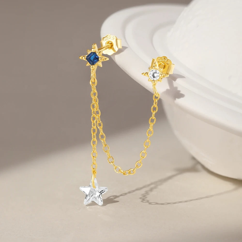 Two-hole dangling chain earring with stars