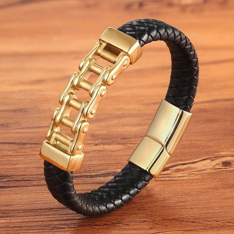 Bracelet chaine moto cuir - Gold / 19cm